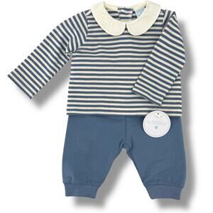 Edgehill Collection Blue Stripe 2pc Outfit Baby Boy Sz 12M Peter Pan Collar
